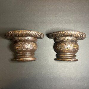 VTG MCM Pair of Wood Carved Floral Folk Art Plate Groove Bracket Wall Shelves